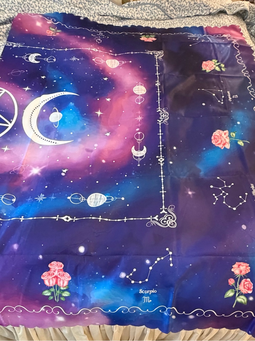 Celestial Zodiac Tablecloth 60x86 Purple Galaxy Moon Roses Scalloped